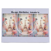 エッフェル塔の蝶と花の誕生日 ラージペーパーバッグ (正面)