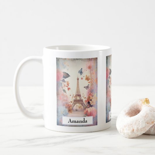 エッフェル塔の蝶と花 コーヒーマグカップ (ドーナツ)