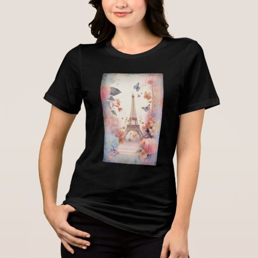 エッフェル塔の蝶と花 トライブレンドTシャツ (正面)