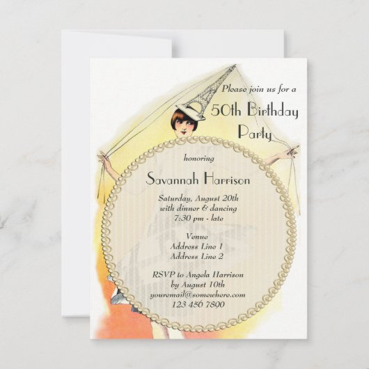 エッフェル塔の衣裳の第50誕生日のヴィンテージの女の子 招待状 (裏面)