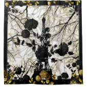 エッフェル塔の黒の金ゴールドの花の鳥の木 シャワーカーテン (正面)