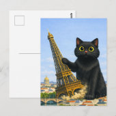 エッフェル塔を倒す巨大な黒猫の面白い絵 ポストカード (正面/裏面)