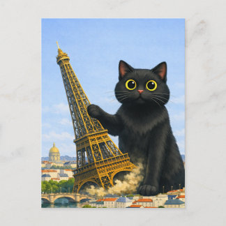 エッフェル塔を倒す巨大な黒猫の面白い絵  ポストカード
