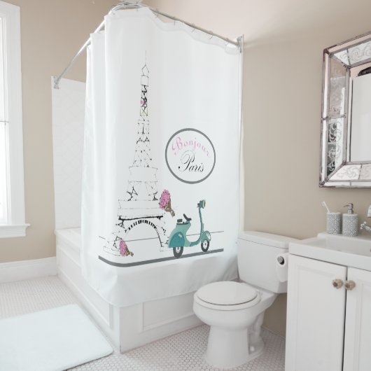 エッフェル塔パリフランスを過ぎたスクーターの乗馬 シャワーカーテン (インサイチュ)