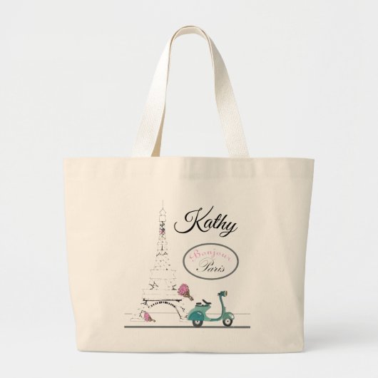 エッフェル塔パリフランスを過ぎたスクーターの乗馬 ラージトートバッグ (正面)