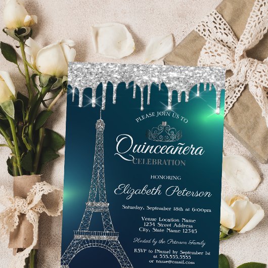 エッフェル塔,ティアラ,グリーンに滴るQuinceañera 招待状