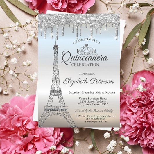 エッフェル塔,ティアラ,滴るシルバーQuinceañera 招待状