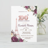 エッフェル塔 バーガンディーの花 100歳の誕生日 招待状 (スタンド正面)