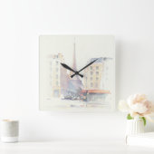 エッフェル塔 |パリの水彩画 スクエア壁時計 (ホーム)