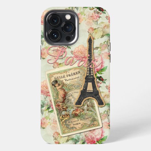 エッフェル塔 パリ ピンクの花柄 iPhoneケース (裏面)