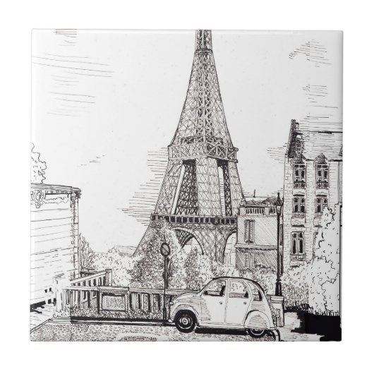 エッフェル塔 パリ フランス ペン 墨絵 タイル (正面)