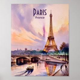 エッフェル塔 パリ フランス 日没 水彩画 旅行 ポスター