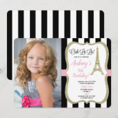 エッフェル塔 パリ 誕生日 写真 ピンク ゴールド ブラック 招待状 (正面/裏面)