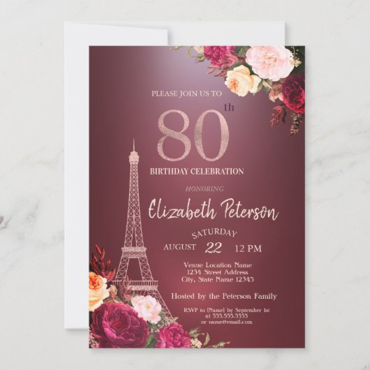 エッフェル塔 ブルゴーニュの花 バラ 80歳の誕生日 招待状 (正面)