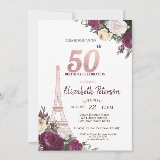 エッフェル塔 ブルゴーニュの花 50歳の誕生日 招待状 (正面)