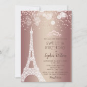 エッフェル塔 ローズゴールド グリッター スパークル スイート16 招待状 (正面)