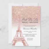 エッフェル塔 ローズゴールド グリッター ホワイト スイート16 招待状 (正面)