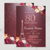 エッフェル塔 ワインレッドの花 ローズ 80歳の誕生日 招待状 (正面/裏面)