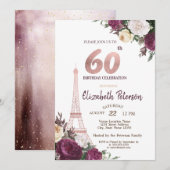 エッフェル塔 ワインレッドの花 60歳の誕生日 招待状 (正面/裏面)