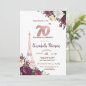 エッフェル塔 ワインレッドの花 70歳の誕生日 招待状 (スタンド正面)