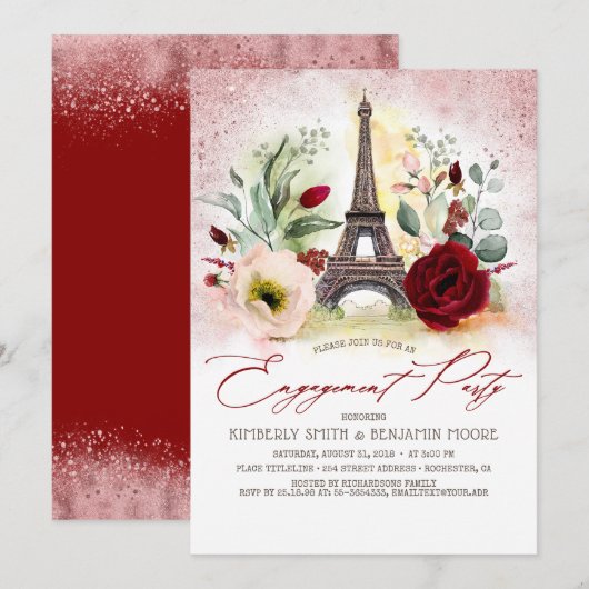 エッフェル塔 ヴィンテージ パリ 婚約パーティー 招待状 (正面/裏面)