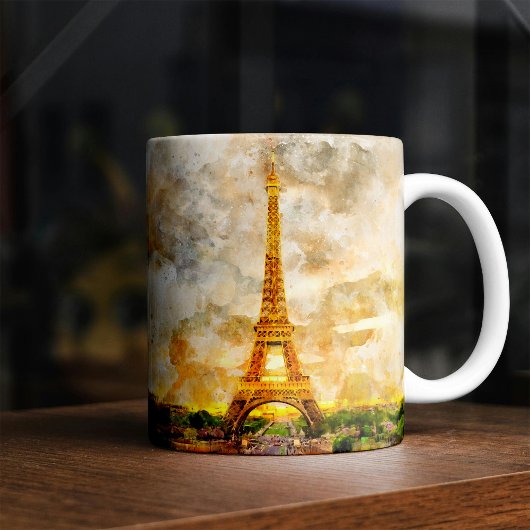 エッフェル塔 水彩の夕焼け アートプリント コーヒーマグカップ