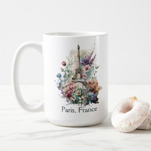 エッフェル塔 水彩花 フランス パリ コーヒーマグカップ (ドーナツ)