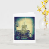 エッフェル塔、芸術のプリント、のブランク青および緑 カード (黄色い花)