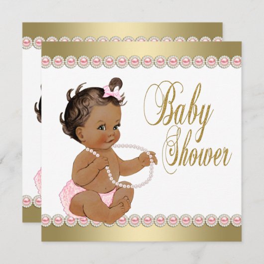 エティック・ガール・ダイアモンズ真珠ピンク金ゴールド赤ちゃんシャワー 招待状 (正面/裏面)