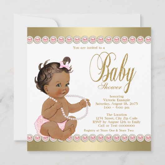 エティック・ガール・ダイアモンズ真珠ピンク金ゴールド赤ちゃんシャワー 招待状 (裏面)