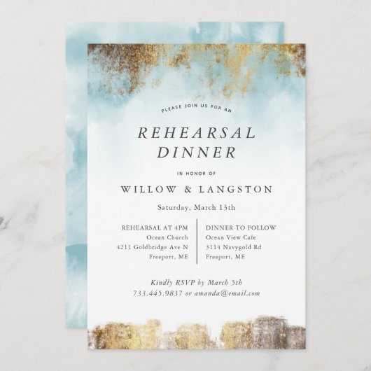 エテリアルウォーターカラーブルー金ゴールドリハーサルディナー 招待状 (正面/裏面)
