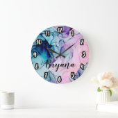 エテリアルティール(緑がかった色)ピンクパープルインキーグラモダンマー ラージ壁時計 (ホーム)