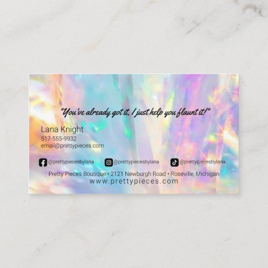 エテリアルルミネッセント衣料ブティックまたはジュエリー 名刺 (裏面)