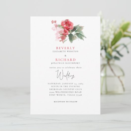 エテリアルレッドフローラエレガントな結婚式 招待状 (スタンド正面)