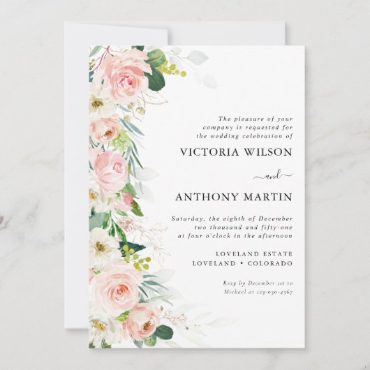 エテリアル赤面ピンク結婚ローズの式 招待状 (正面)