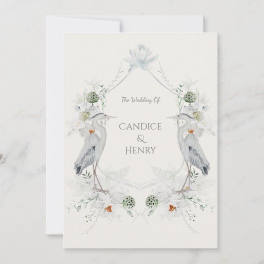 エテリアールホワイトフラワーブルーヘロン結婚自然 招待状 (正面)