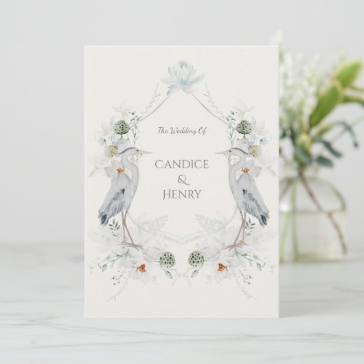 エテリアールホワイトフラワーブルーヘロン結婚自然 招待状 (スタンド正面)
