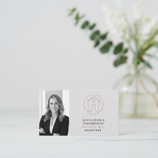 エテ実在ートフェイクエンボス白黒モダン写真 名刺 (スタンド正面)