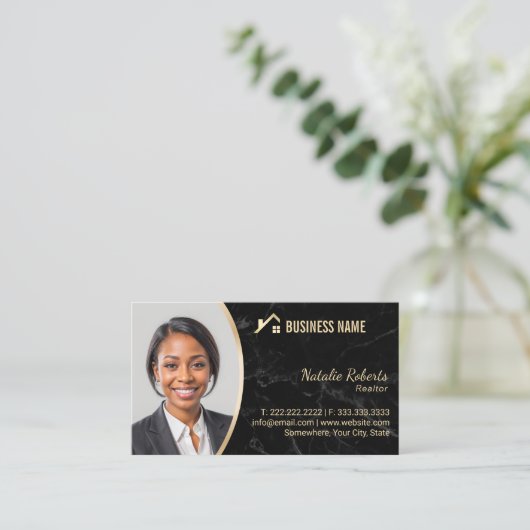 エテ実在ート金ゴールドハウスロゴ不動産仲介業者大理石フォト 名刺 (スタンド正面)