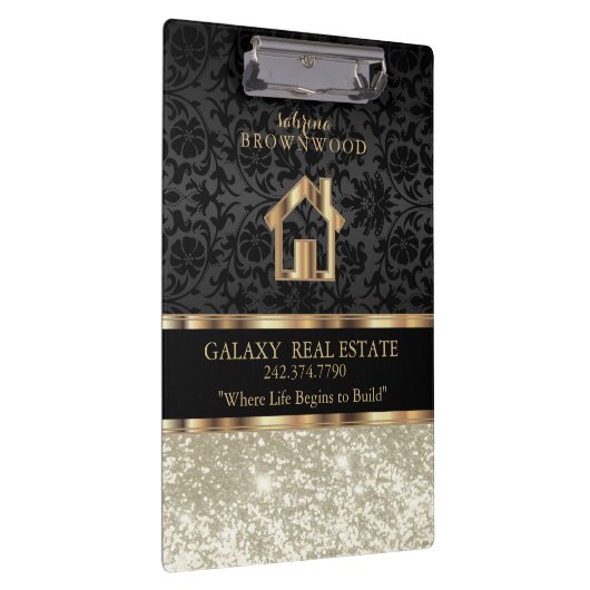 エテ実在ート – アイボリーグリッターとブラックダマスククリップ クリップボード (右)