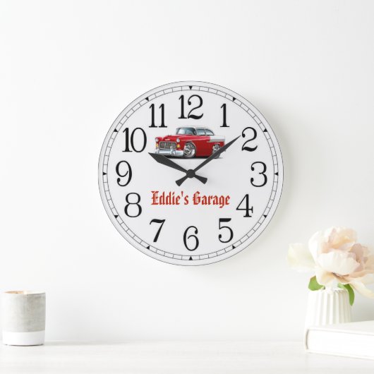 エディズガレージレッド&ホワイトクラシックカークロック ラージ壁時計 (ホーム)