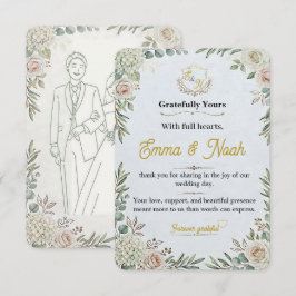 エディタブルなエレガントなセージゴールドの結婚式サンクスカード サンキューカード