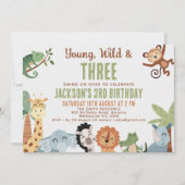 エディタブル ブラウン グリーン ヤング ワイルド 3歳の誕生日 招待状 (正面)