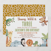 エディタブル ブラウン グリーン ヤング ワイルド 3歳の誕生日 招待状 (正面/裏面)