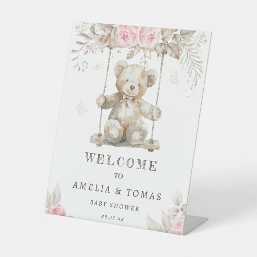 エディ・ベアーピンクフローラベビーシャワーへようこそ 台座サイン (正面)