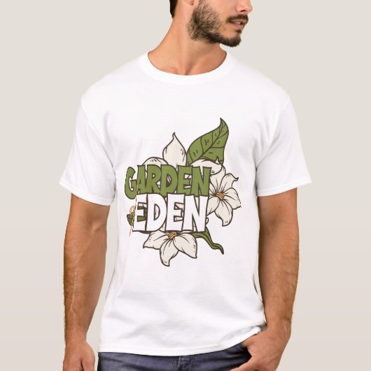 エデンの園 白い花 ボタニカルアート Tシャツ (正面)