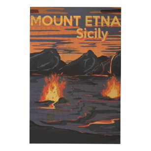 エトナ火山のシシリーのヴィンテージ旅行ポスター ウッドウォールアート