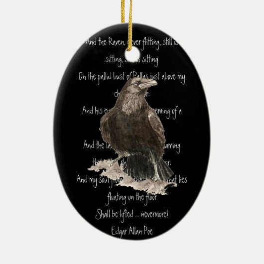 エドガーアレンポー引用文ウォーターカラーレイヴンバード セラミックオーナメント (裏面)