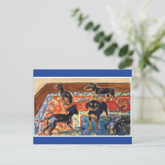 エドバード・ムンチ、5つの子犬のカーペット絵画の上 ポストカード (スタンド正面)