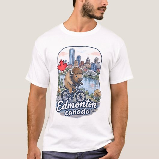 エドモントン アルバータ 自転車 バイソン かわいい Tシャツ (正面)